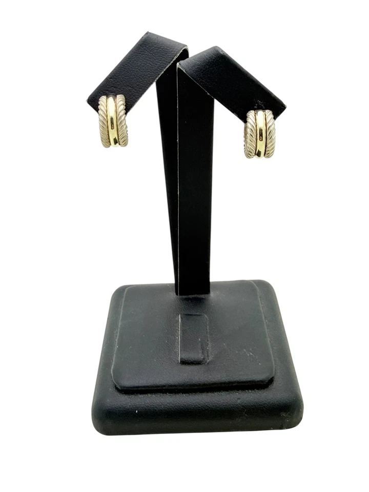 David Yurman Sterling Silver & 14k Gold Post Cable Huggie Hoop Earrings - Pouch - Image 2 of 4