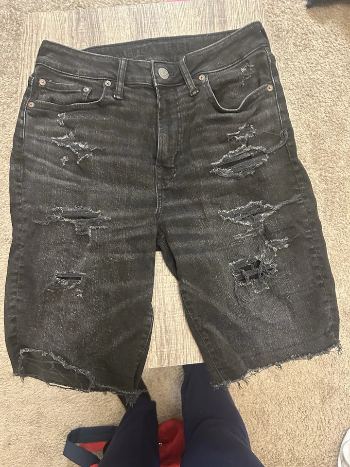 American Eagle Black Faded Wash Mens 30 Raw Hem Distressed Airflex+ Denim Shorts - Image 2 of 4