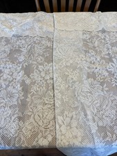 Vintage Set of 2 56x62 White Lace Curtain Panels, Attached Valance, Floral