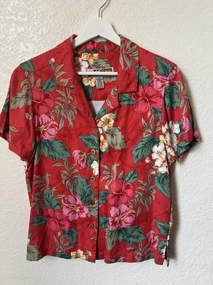 Sunset Cove Red Floral Hawaiian Hibiscus Button Up Shirt - Size PM