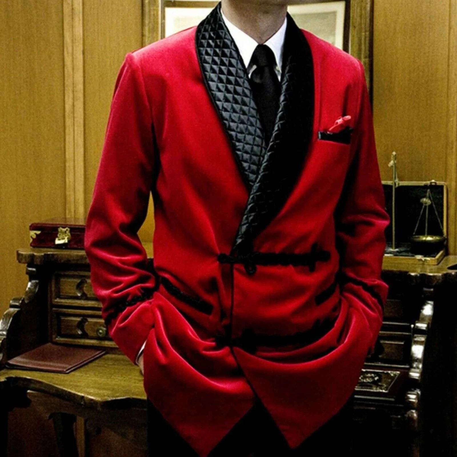 Men's Red Velvet Smoking Jacket Party Wear Wedding Dinner Blazer