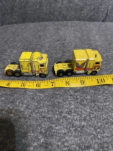 2 Vintage Hot Wheels 1982 Thunder Roller Semi Truck Yellow Eagle 1/64 Hong Kong