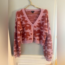 Art Class Girls XL 14/16 Pink Rust Floral Fuzzy Cropped Cardigan Sweater