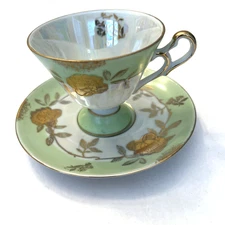Vintage Lefton Hand Painted Lusterware Tea Cup and Saucer Set Green-White Japan