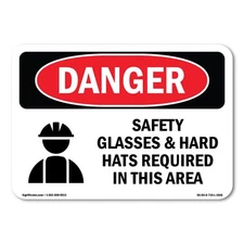 Safety Glasses And Hard Hats Required Symbol ANSI Danger Sign Metal Plastic