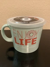 NWT BOSTON WAREHOUSE Souper Mug Stoneware 24oz Steam Vented Lid-Enjoy Life Donut