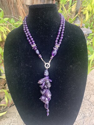 VINTAGE Genuine Long Amethyst Cluster Y Necklace Estate Jewelry Heavy 150g E14