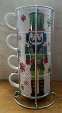Nutcracker Stackable Coffee Mugs 6oz Porcelain 4 Cups Metal Stand Pier 1
