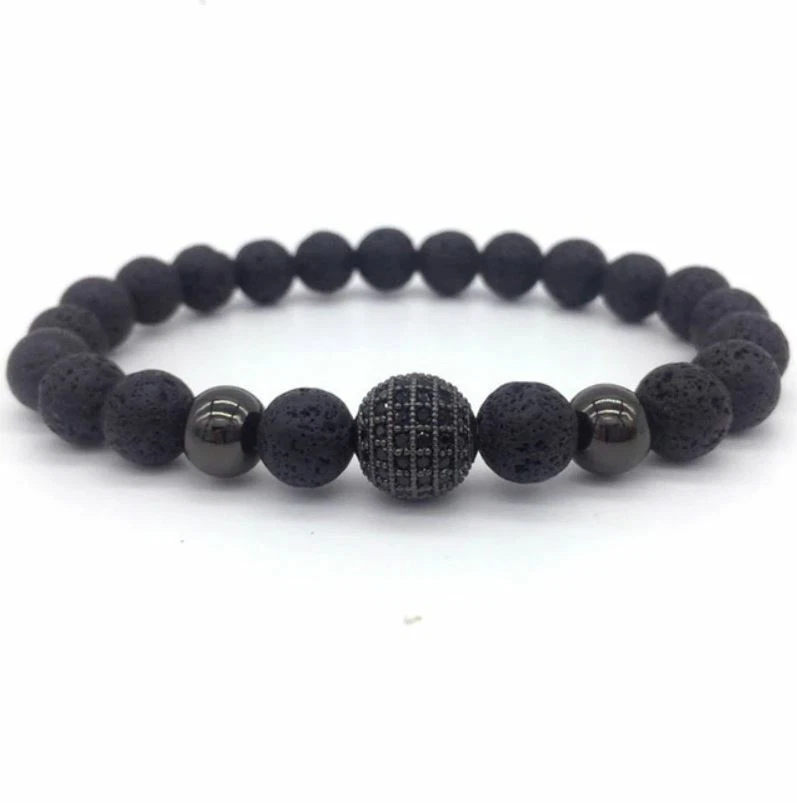 Armband 2er Set Totenkopf Unisex Herren Lava Stein Natur Perlen Flexibel Schwarz - Bild 3 von 3