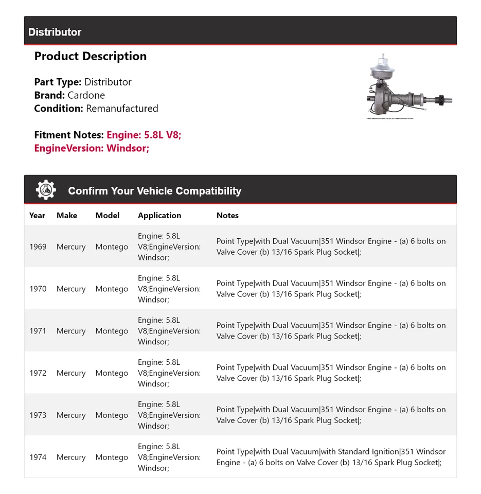 Para 1969-1974 Mercury Montego 5.8L V8 Distribuidor Cardone 1970 1971 1972 1973 - Imagem 2 de 4