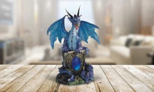 Dragon w/ Gem Statue in Blue Finish 6"H Fantasy Collectible Figurine Room Decor