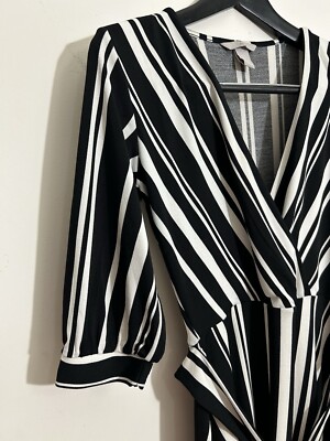 H&M Dress Striped Deep V Belted Stretch Women's Black White Long Sleeve  Size XS | eBay