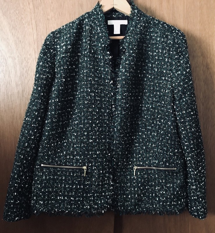 Chico's Teal Green w Beige/White eyelash & Gold accents Jacket - Lined, sz 2