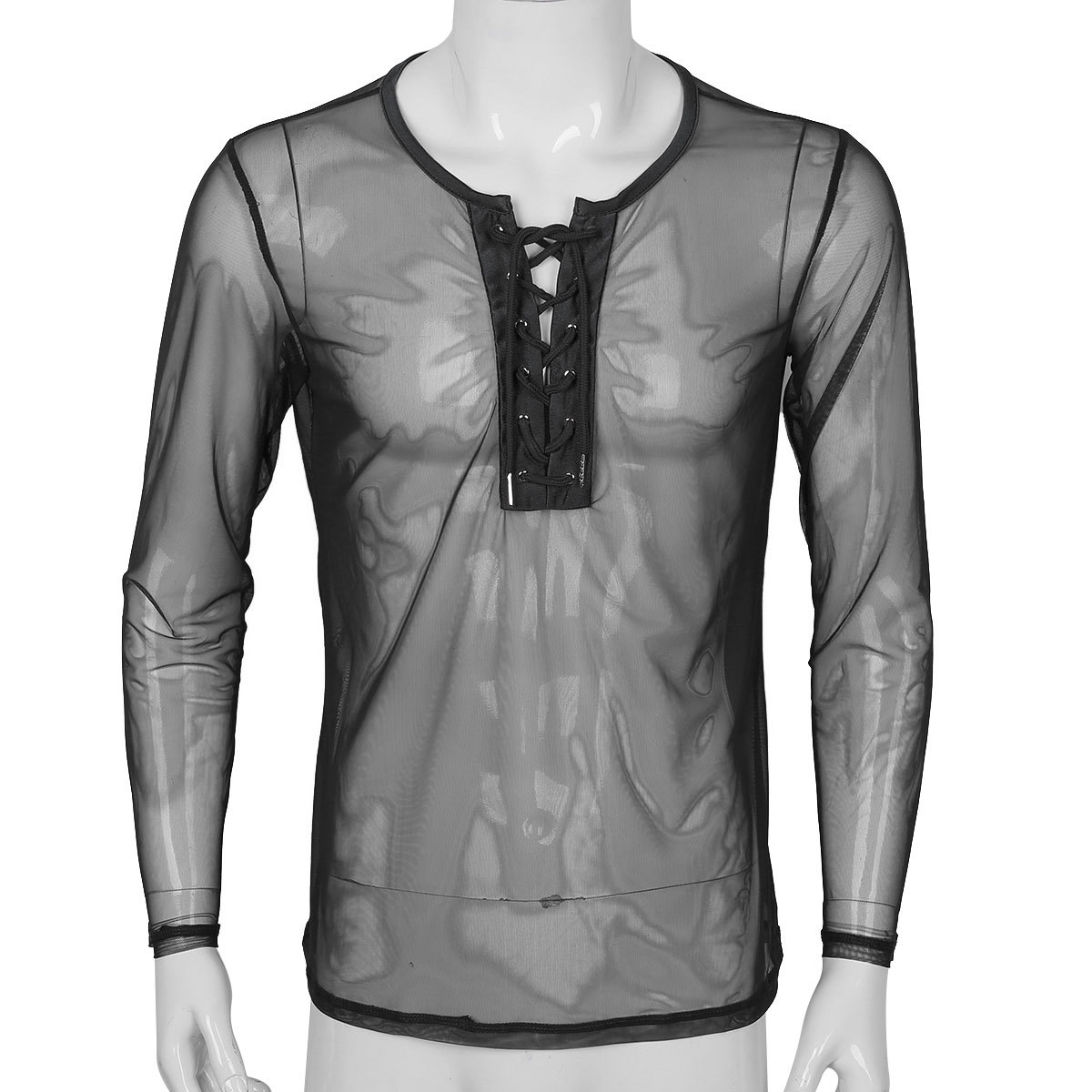 Mens Sexy Lace up See Through Long Sleeve T Shirt Top Mesh Undershirts