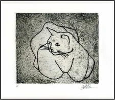 A VERY CONTENTED Curvy CAT Smiling ; Original Modernist LINOCUT Pencil Signed