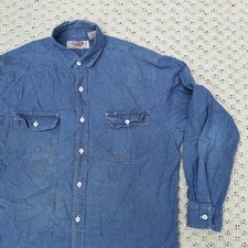 Vtg Big Mac Chambray Work Shirt Blue Distressed Workwear - Large