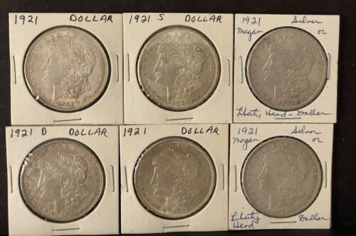 Morgan 90% Silver Dollars Lot Of 6 Coins 1921 S & D 90% Silver - Afbeelding 1 van 14