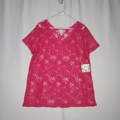 Derek Heart Lace Top Juniors 3X Pink Sheer Rose Short Sleeve Vtg Y2K Going-Out