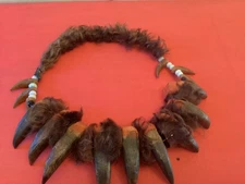 1890s Native American wood carved bear claw necklace glass beads