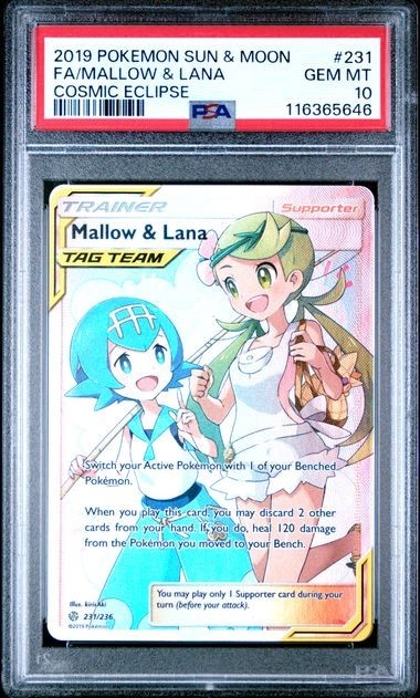 PSA 10 MALLOW & LANA 231 COSMIC ECLIPSE SUN & MOON TAG TEAM TRAINER POKEMON