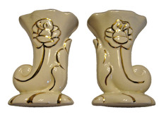 2 Unbranded White Porcelain Cornucopia Horn Floral Planters Vases with Gold Trim
