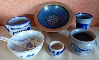 Westerwald earthenware ceramic pots grey blue/onion pattern 6 piece bundle