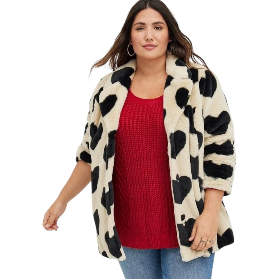 Torrid Faux Fur Heart Print Coat Cream Black Red Lined Long Sleeve Button Front - Image 2 of 4