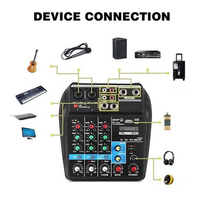 4 Kanal Audio Mixer für DJs mit USB BT Unterstützung und 48V Netzteil