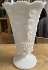 Vintage Westmoreland Milk Glass Vase Grapes Flared  Pedestal Footed White 9"