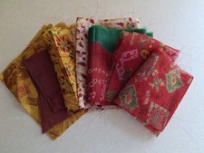 Embroidery/Craft: MIXED SCRAP SARI FABRIC BUNDLE x 7 LENGTHS: RED & GOLD