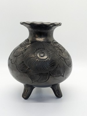 Vtg Black Pottery Footed Vase Dona Rosa San Bartolo Coyotepec Oaxaca Mex Signed 