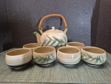 Japanese Hand Painted Ceramic Teapot with Reed Handle and 6 Cups
