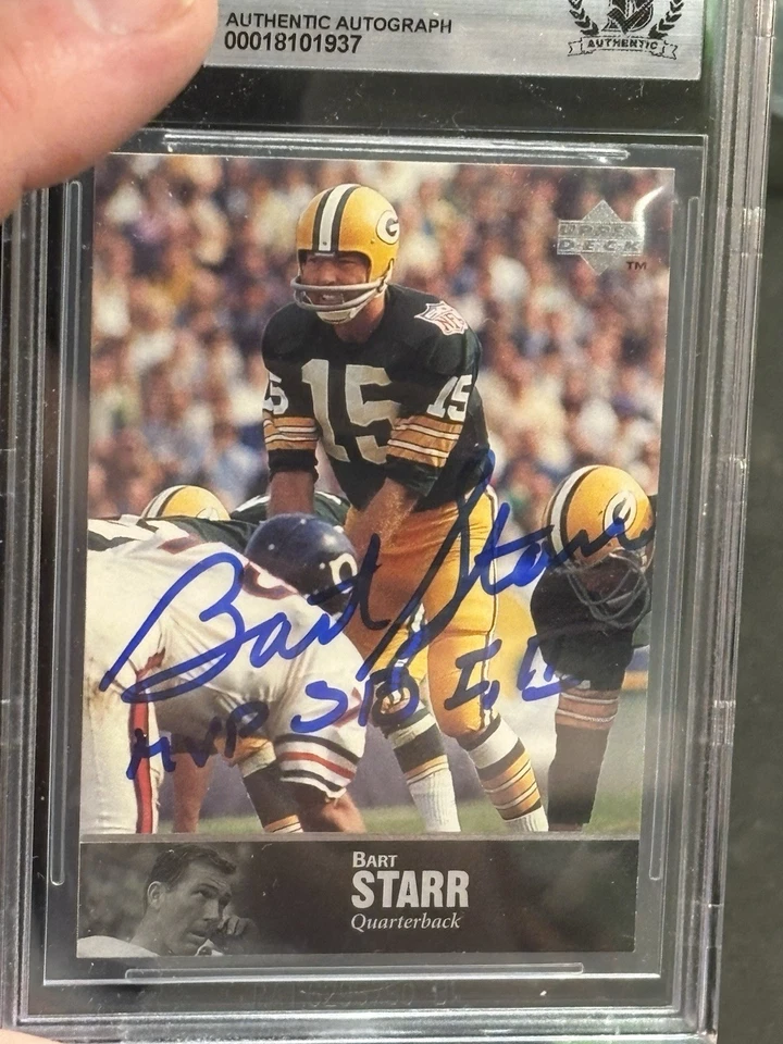 TARJETA AUTOGRAFIADA FIRMADA POR LEYENDAS DE LA BARAJA SUPERIOR BART STARR 1997 BECKETT BAS AUTÉNTICA Foto 2 de 3