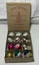 Shiny Brite, Glass, Christmas Ornaments, 12 Striped, Frosted, Double Indents 2"