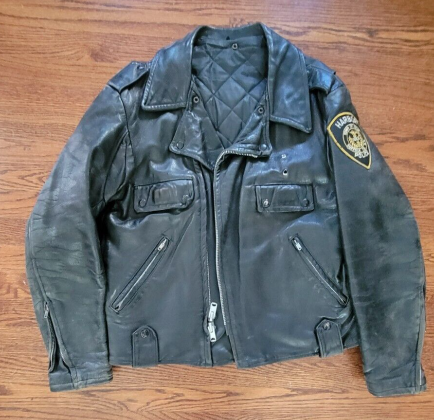 VINTAGE POLICE LEATHER JACKET - HARBOR POLICE - TOWN OF VINTAGE POLICE LEATHER JACKET - HARBOR POLICE - TOWN OF