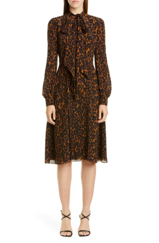 ERDEM Leopard Print Tie Neck Long 