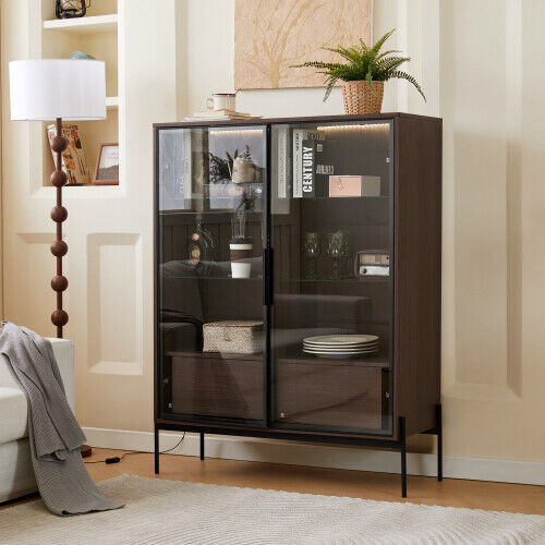 51.2'' Tall Lighted Display Cabinet with Tempered Glass Door, LED Curio Cabinet