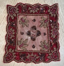 Vintage Red Velvet Hand Made Embroidery Lace Table Top And 6 Doilies Set.
