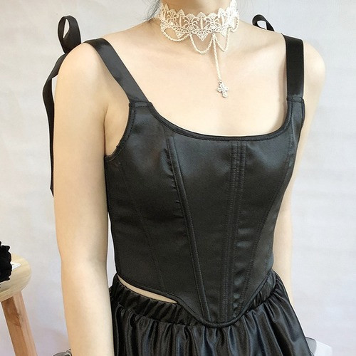 Solid Patchwork Sleeveless Lace Ribbons Corset To… - image 1