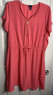 NWOT Justify 2X Coral orange Pink Zip Neck Short Sleeve Knee Length Tunic Dress