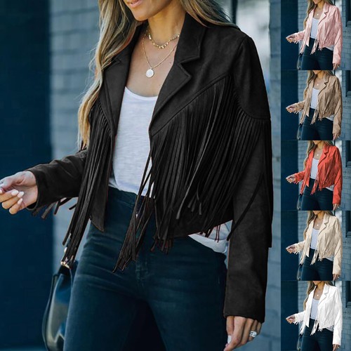 Women's Fringe Faux Suede Jackets 2023 Fashion Tassel Motorcycle Cropped Coats