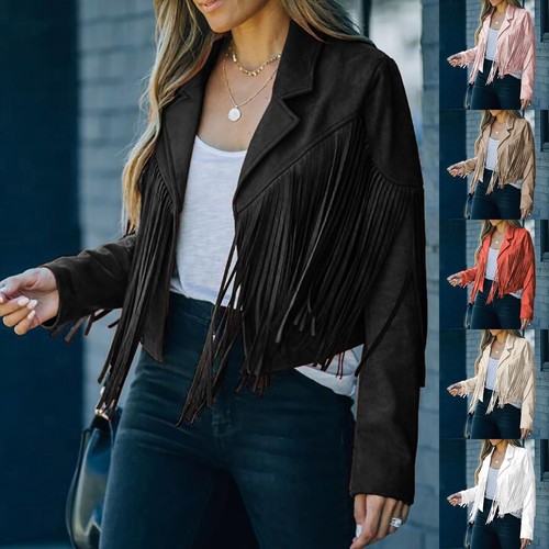 Women's Fringe Faux Suede Jackets 2023 Fashion Tassel Motorcycle Cropped Coats - Afbeelding 1 van 35