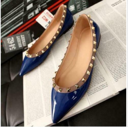Ladies Roman Rivet Studded Pointed Toe Flat Heel Pump Court Party Shoes ...