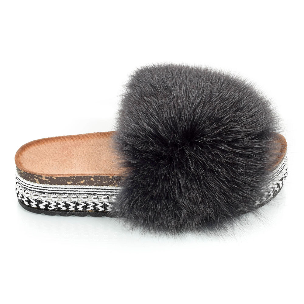 SAOLA Sandali in pelliccia di volpe e rivetti piattaforma con pantofole in pelliccia di grafite suola alta