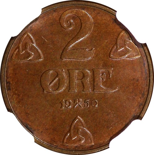 Norway Haakon VII Bronze 1950 2 Ore NGC MS64 BN TOP GRADED BY NGC KM# 371 (094) - Picture 4 of 4