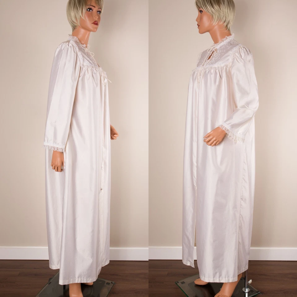 💖 BARBIZON 复古珍珠象牙丝缎长袍长袖刺绣花边 M — 第 3/4 张图片