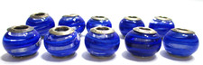 Murano Italy Glass Spacer Charms LOT OF 10 Beads Royal Blue Stripes 925 Silver
