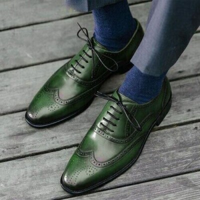 New Men's Handmade Green Leather Oxford Wingtip Brogue Dress