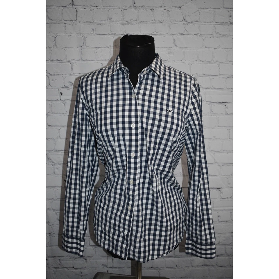 Vineyard Vines Dress Shirt Womens Size 14 Blue White Plaids Cotton - Image 2 of 4
