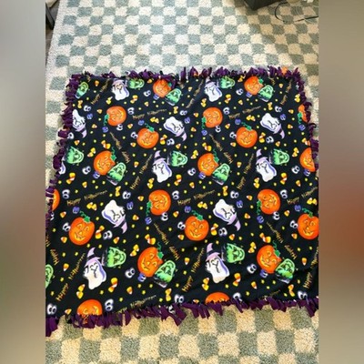 Happy Halloween Fleece Tie Blanket Pumpkins Ghost Frankenstein Black Purple OS